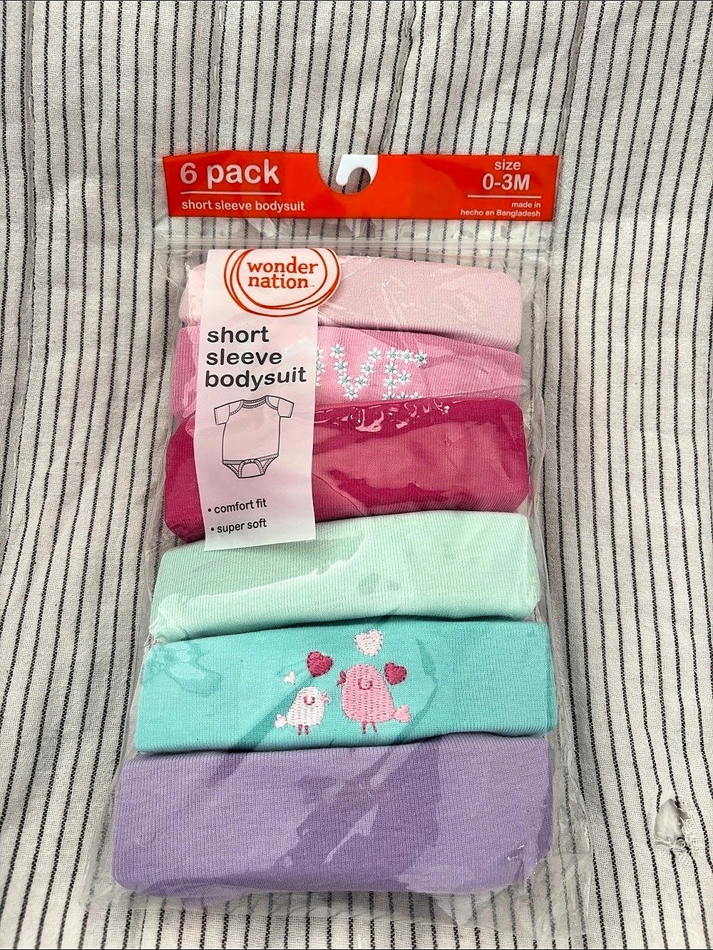 Wonder Nation Short Sleeve Bodysuit 6 Pack Pink & Purple Baby 0-3M